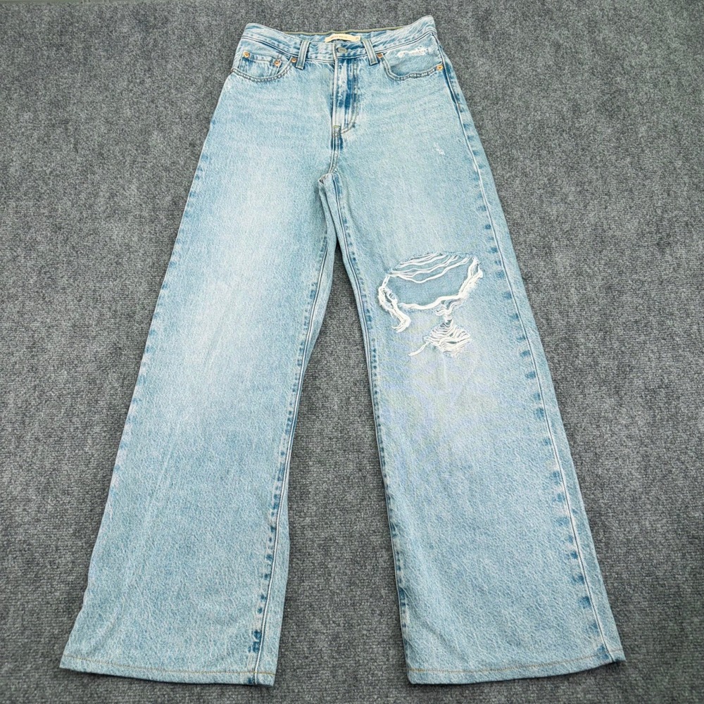 Levis Premium Jeans Women 25 (Fit 27x29) Light Wash Ribcage Wide Leg Distressed